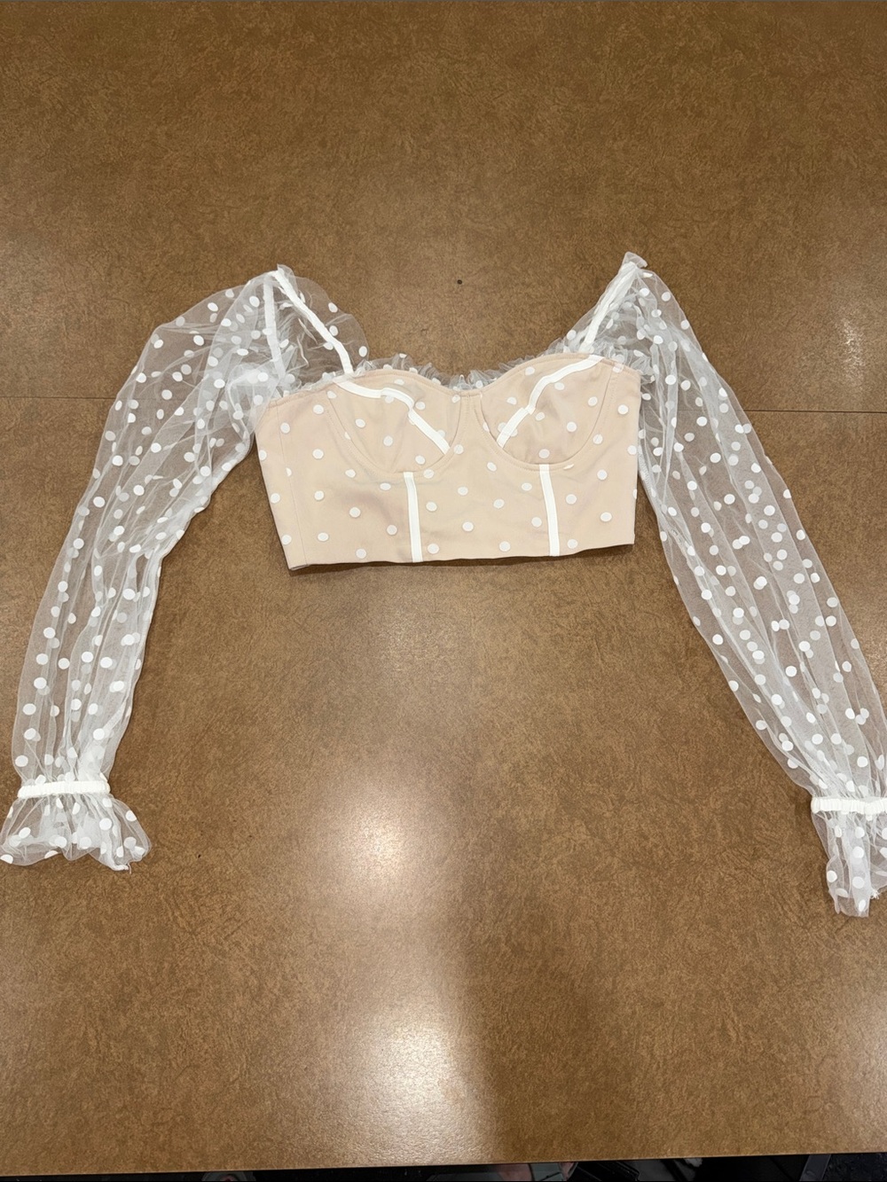 Runaway • Sheer Polka Dot Sleeve Bustier Crop Top in Nude • Boning Support